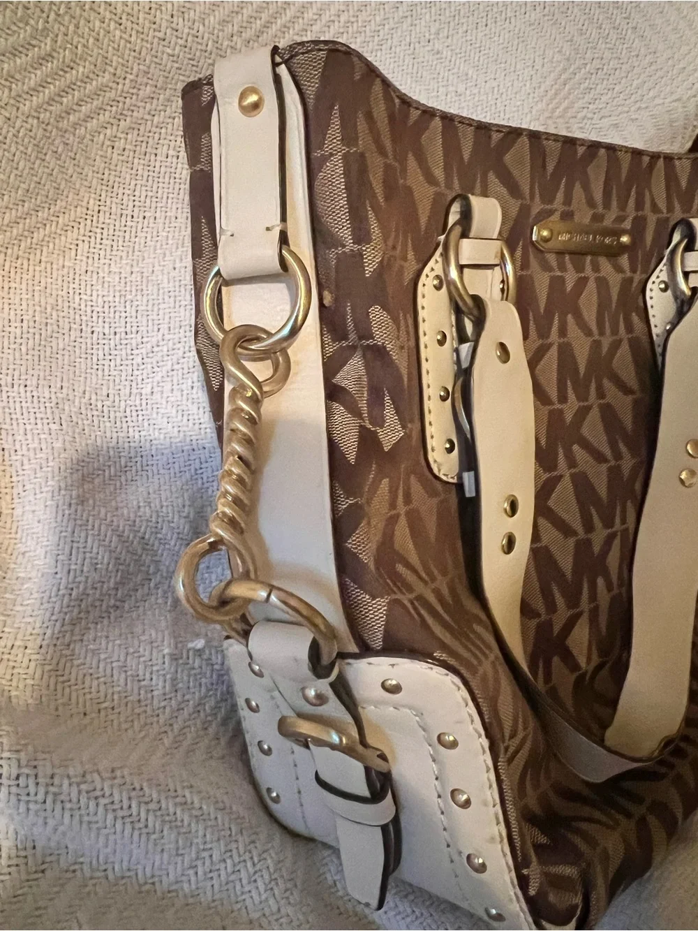 Michael Kors Brown MK Logo Tote with Cream Accents